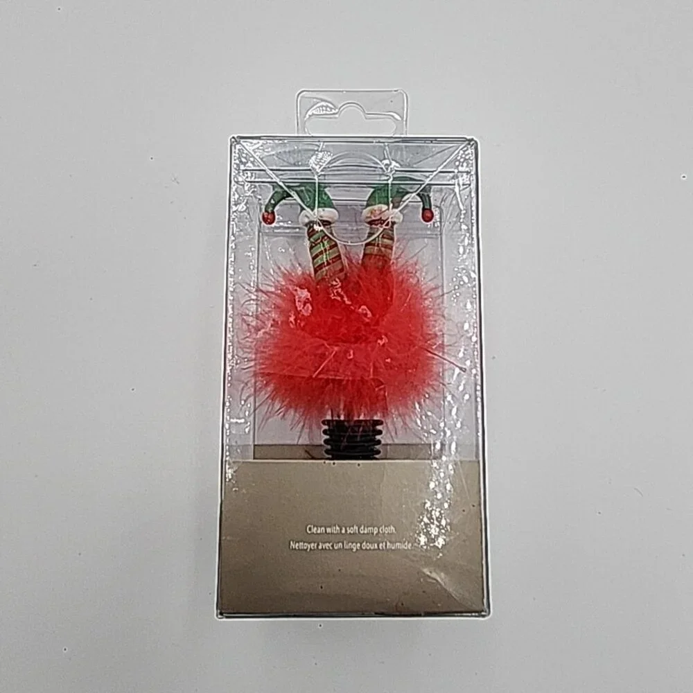 Pier 1 Bottle Stopper Christmas Elf Feet Red Pom Pom NIB Red Green